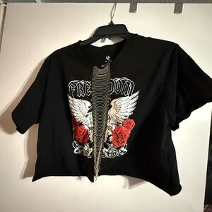 Black Graphic Crop Top with Wings & Roses
